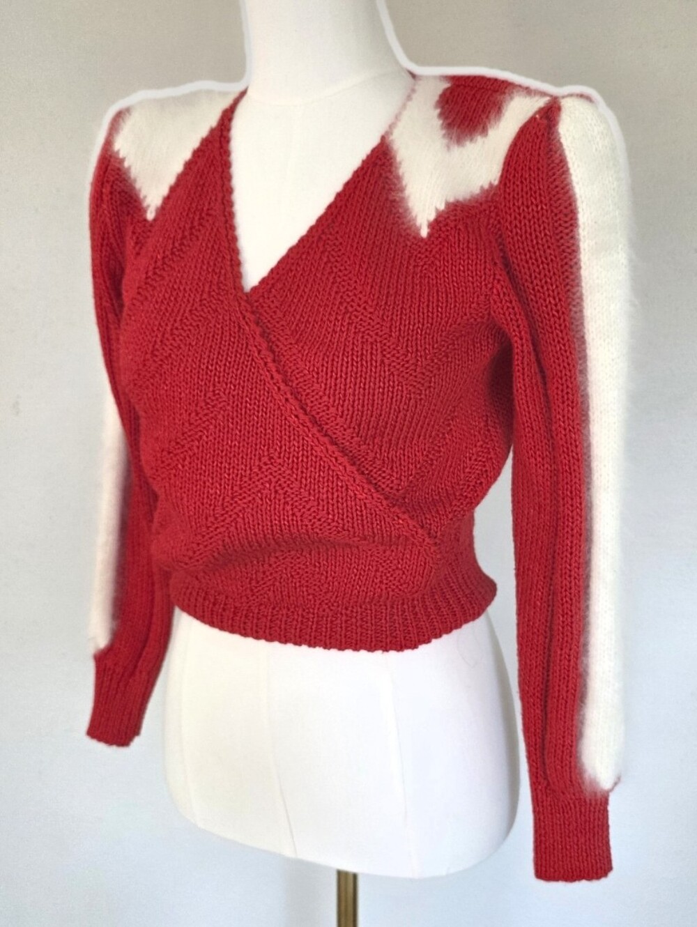 Vintage 80s Nannell Red Angora Faux Wrap Colorblock Sweater Small